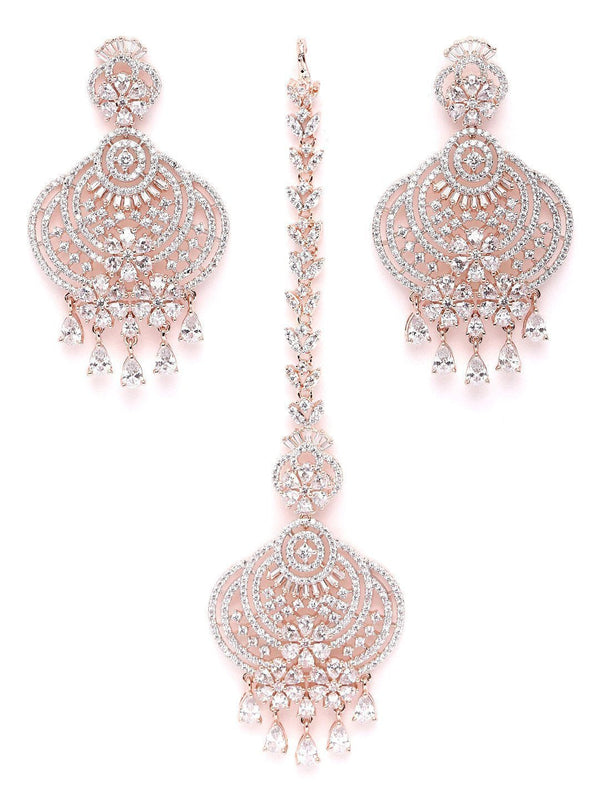 Women's Rose Gold-Plated American Diamond Studded Floral inspired MaangTikka And Earrings Set - Priyaasi