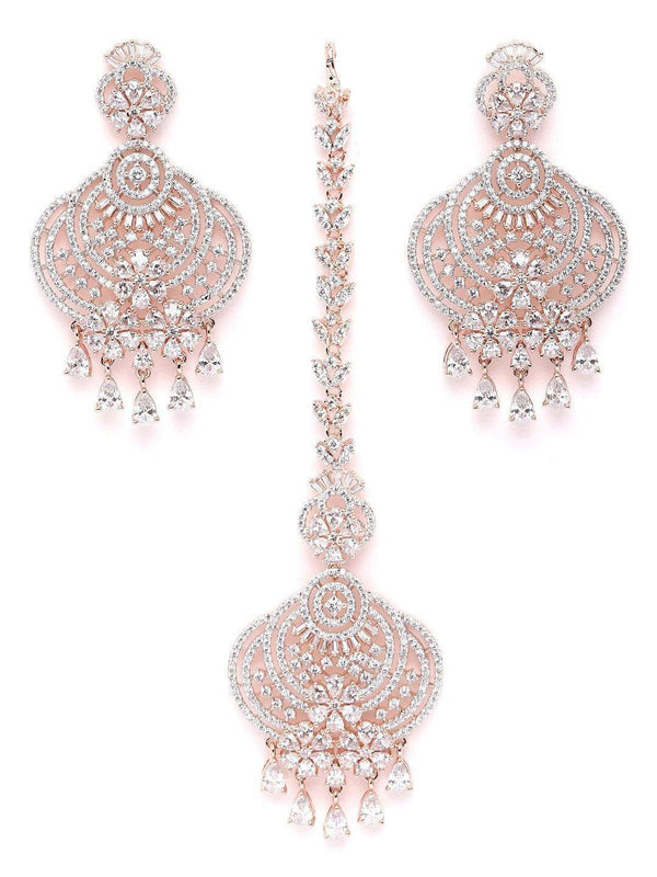 Women's Rose Gold-Plated American Diamond Studded Floral inspired MaangTikka And Earrings Set - Priyaasi - Indiakreations