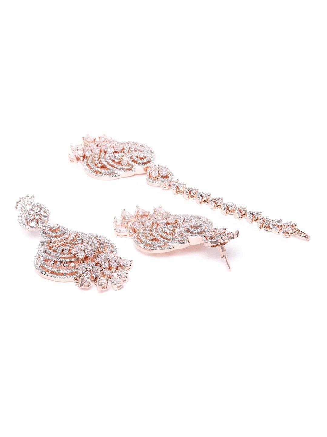 Women's Rose Gold-Plated American Diamond Studded Floral inspired MaangTikka And Earrings Set - Priyaasi - Indiakreations