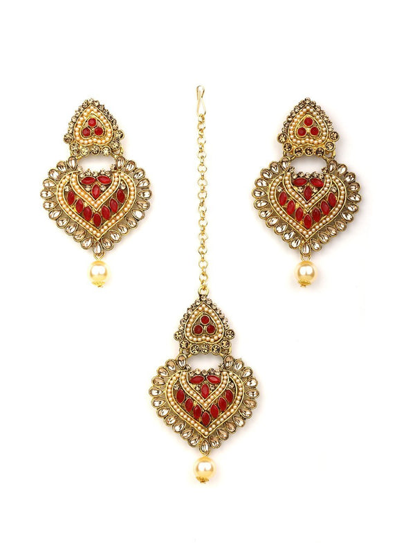 Women's Kundan Red Stone MaangTikka Earring Set - Priyaasi