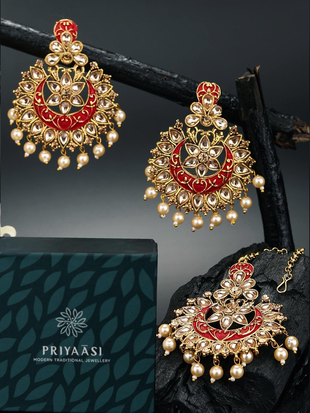 Women's Red Kundan Pearls Gold Plated MaangTikka Set with Earring - Priyaasi - Indiakreations