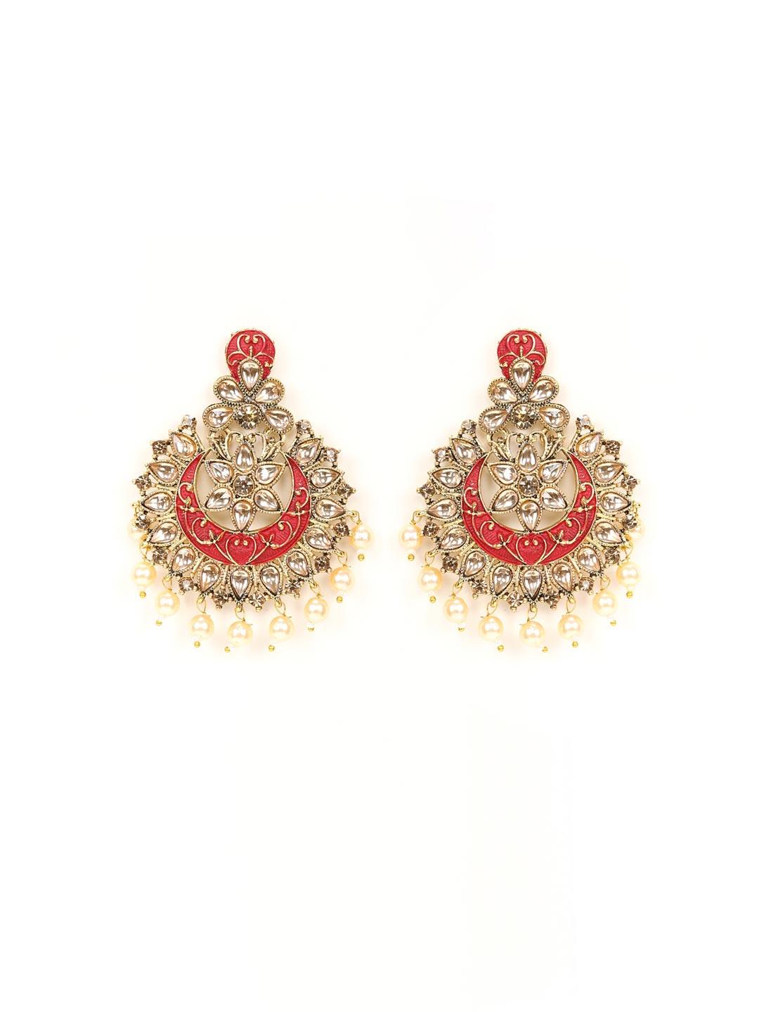 Women's Red Kundan Pearls Gold Plated MaangTikka Set with Earring - Priyaasi - Indiakreations