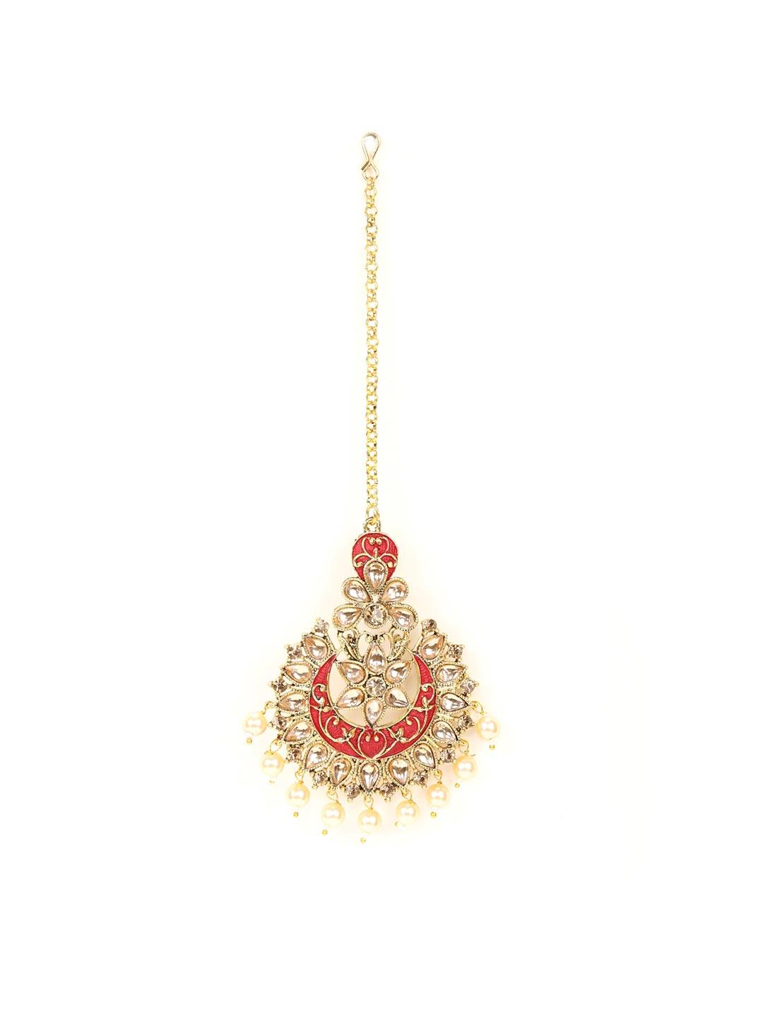 Women's Red Kundan Pearls Gold Plated MaangTikka Set with Earring - Priyaasi - Indiakreations