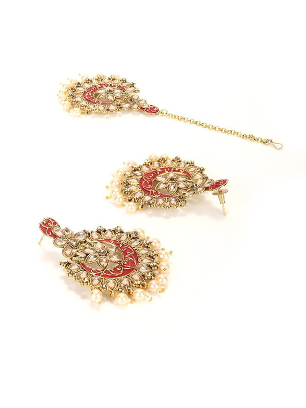 Women's Red Kundan Pearls Gold Plated MaangTikka Set with Earring - Priyaasi - Indiakreations