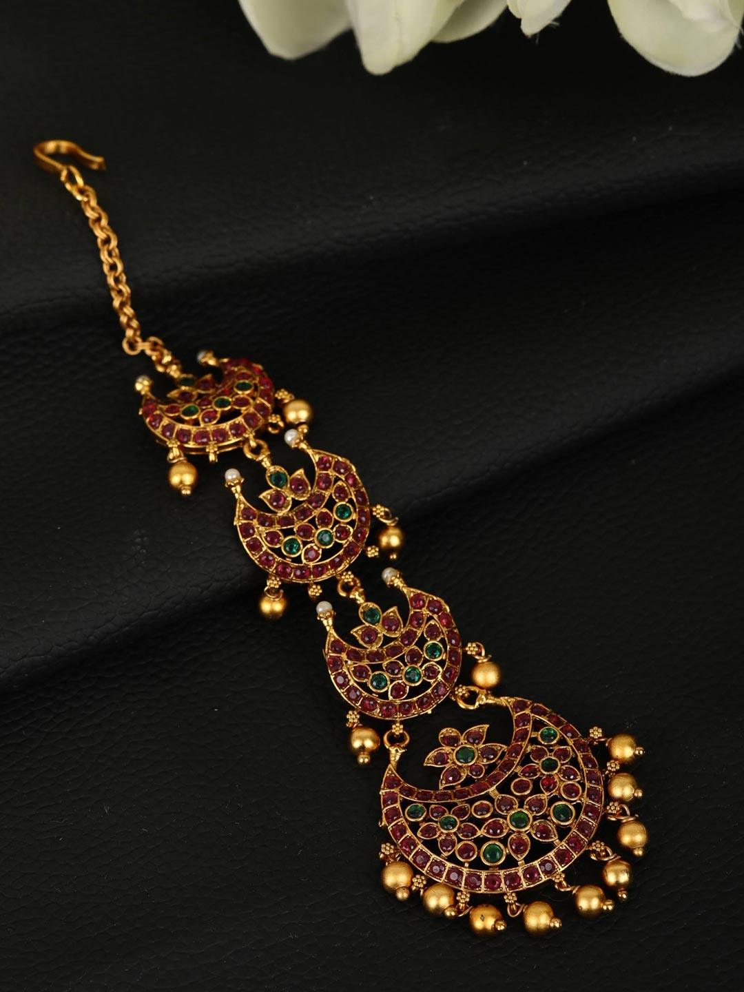 Women's Beads Kemp Stones Gold Plated Maang Tikka - Priyaasi - Indiakreations