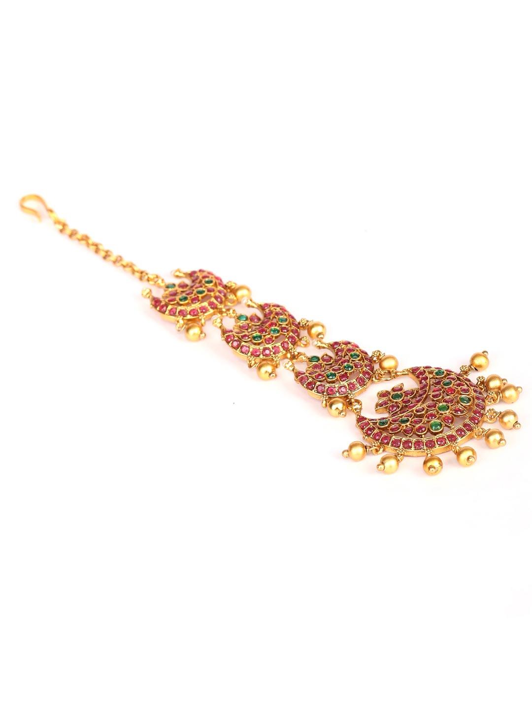 Women's Beads Kemp Stones Gold Plated Maang Tikka - Priyaasi - Indiakreations