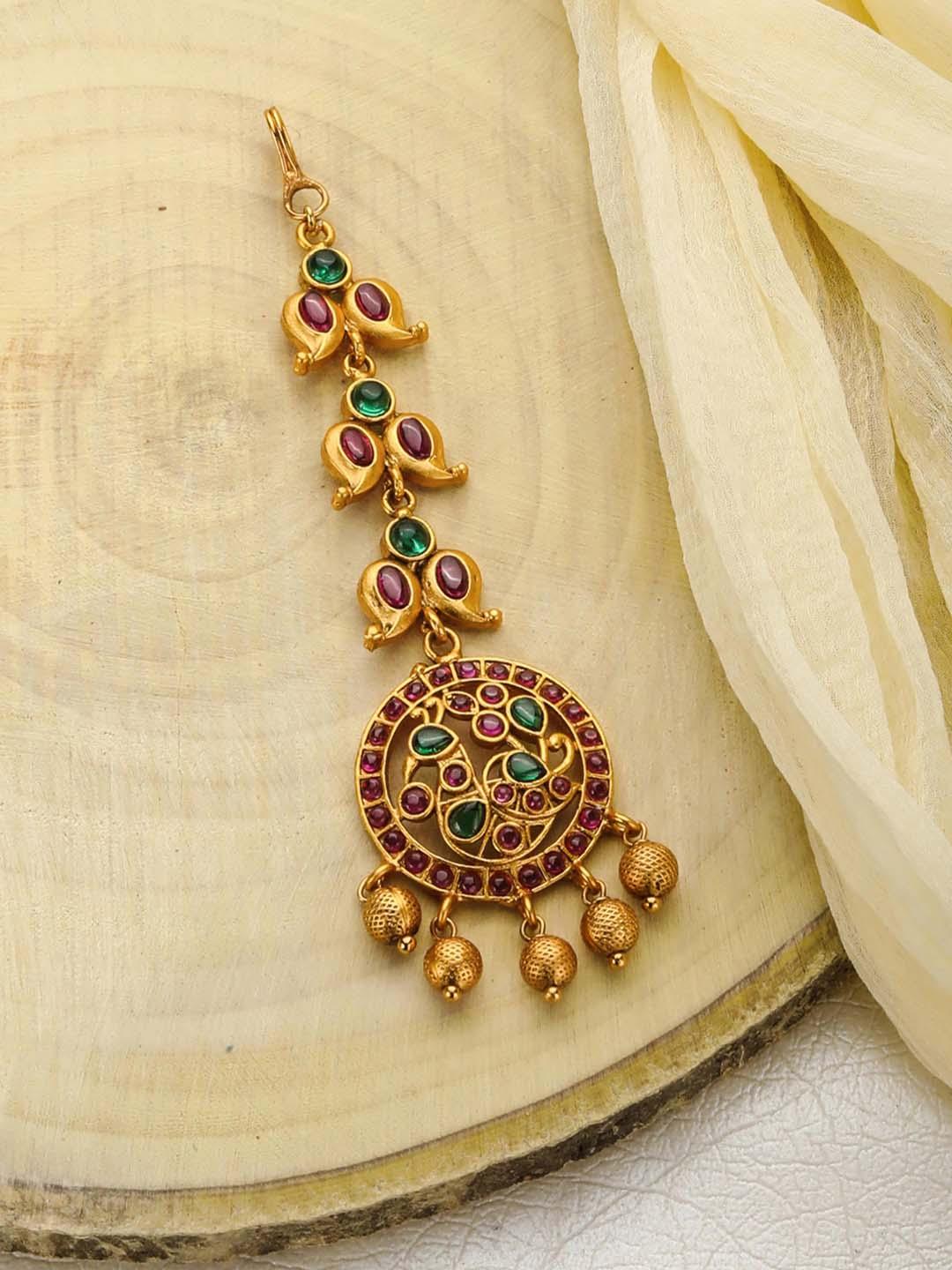 Women's Ruby Emerald Pearls Gold Plated Maang Tikka - Priyaasi - Indiakreations