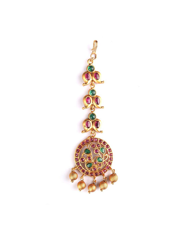 Women's Ruby Emerald Pearls Gold Plated Maang Tikka - Priyaasi