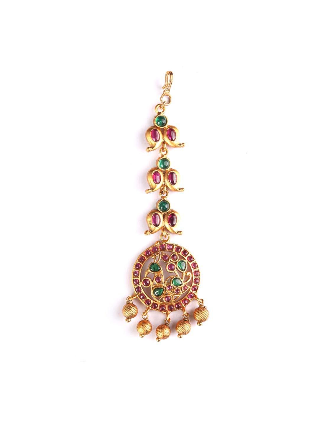 Women's Ruby Emerald Pearls Gold Plated Maang Tikka - Priyaasi - Indiakreations