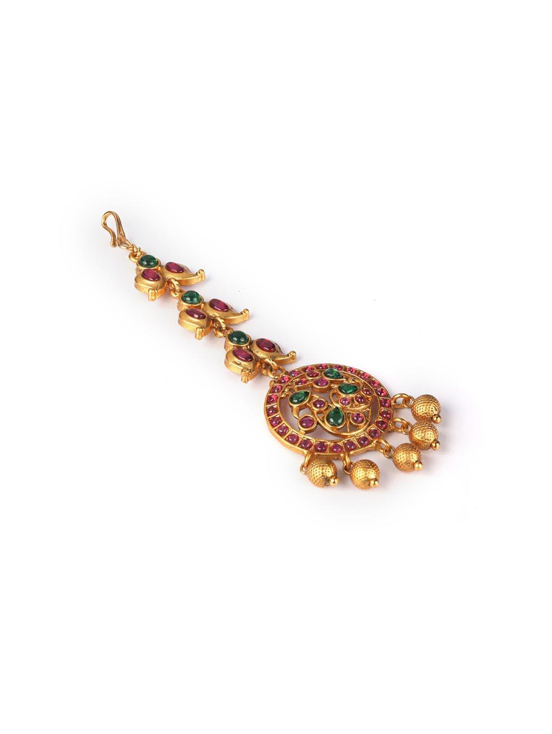 Women's Ruby Emerald Pearls Gold Plated Maang Tikka - Priyaasi - Indiakreations