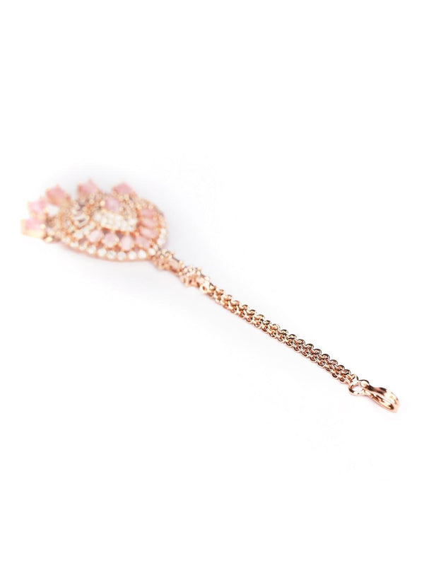 Women's Pink American Diamond Stones Rose Gold-Plated MaangTikka - Priyaasi