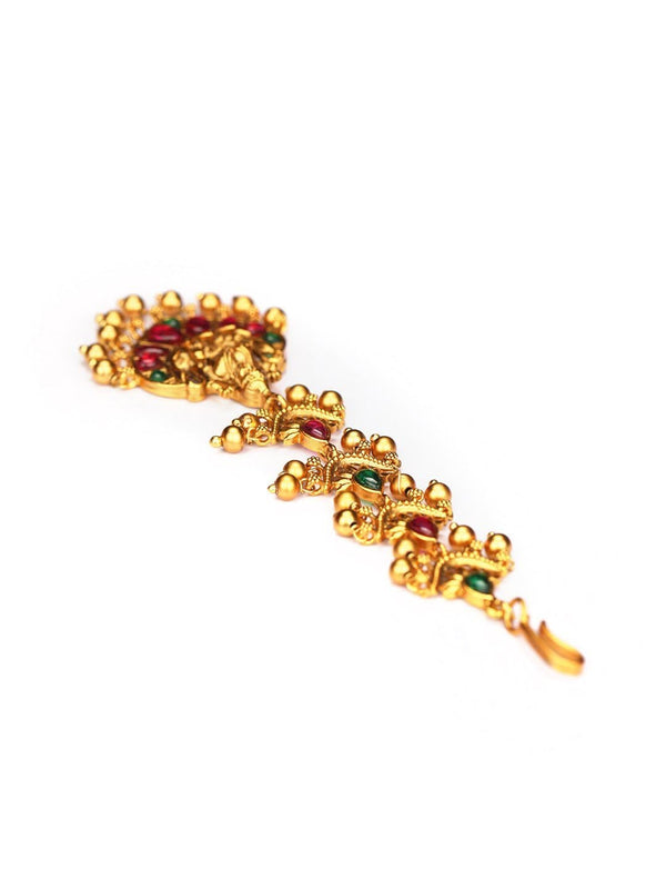 Women's Ruby Emerald Gold Plated Temple Maang Tikka - Priyaasi