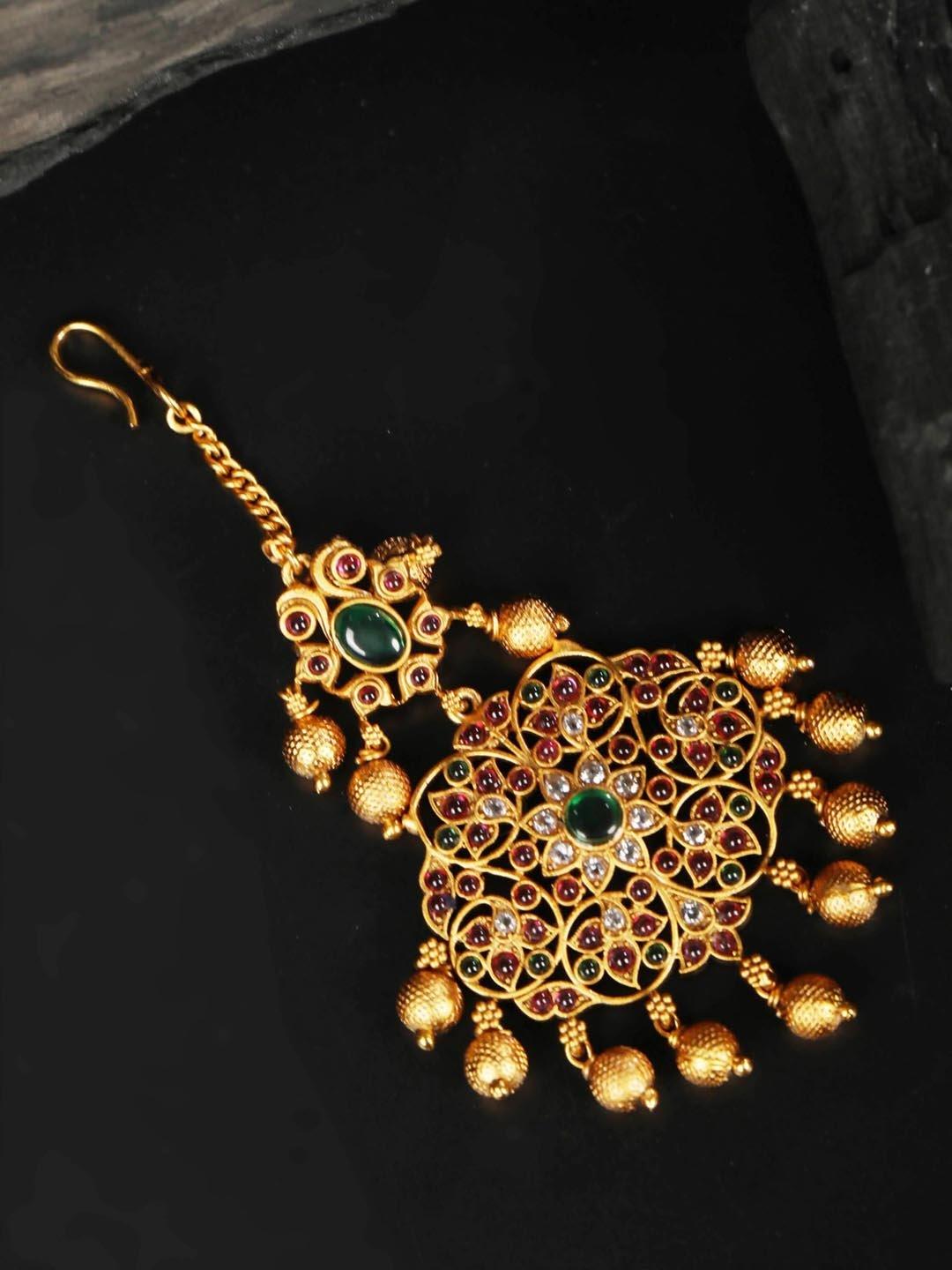 Women's American Diamond Ruby Emerald Gold Plated Maang Tikka - Priyaasi - Indiakreations