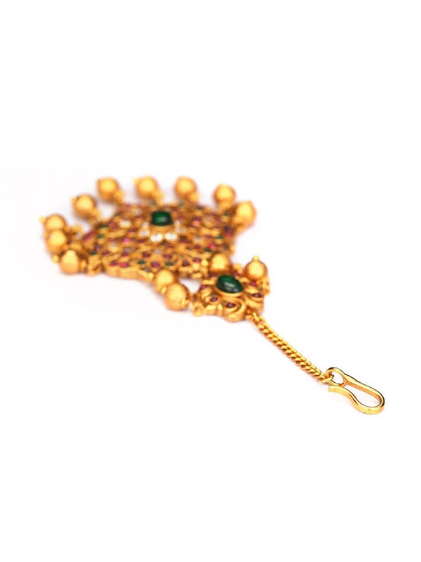 Women's American Diamond Ruby Emerald Gold Plated Maang Tikka - Priyaasi