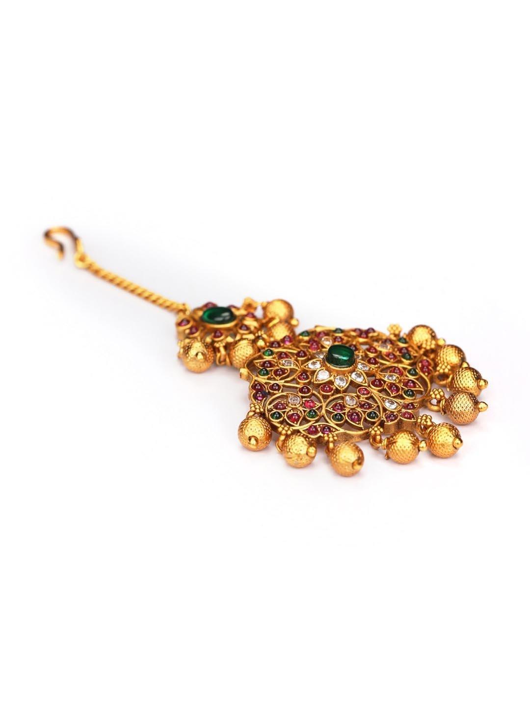 Women's American Diamond Ruby Emerald Gold Plated Maang Tikka - Priyaasi - Indiakreations