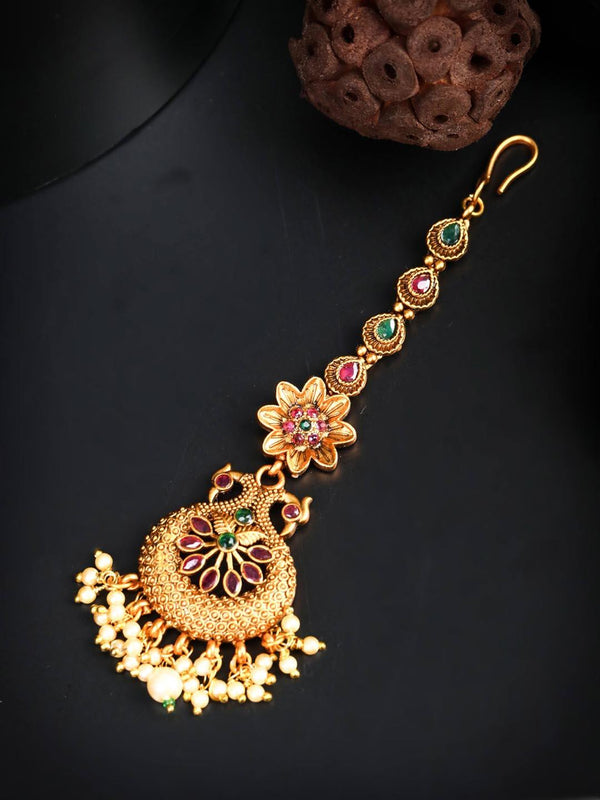 Women's Kemp Stones Pearls Peacock Gold Plated Maang Tikka - Priyaasi - Indiakreations