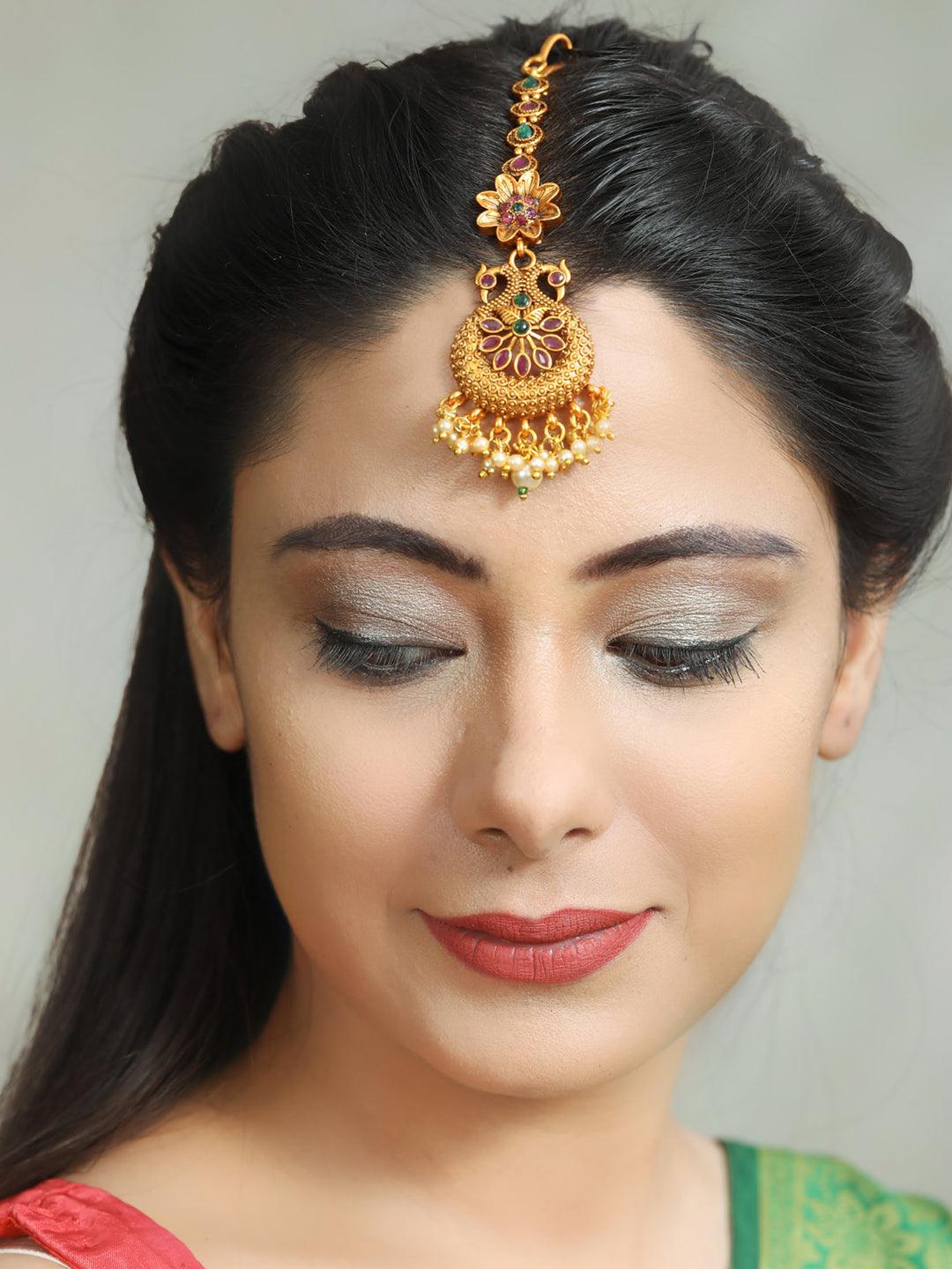 Women's Kemp Stones Pearls Peacock Gold Plated Maang Tikka - Priyaasi - Indiakreations