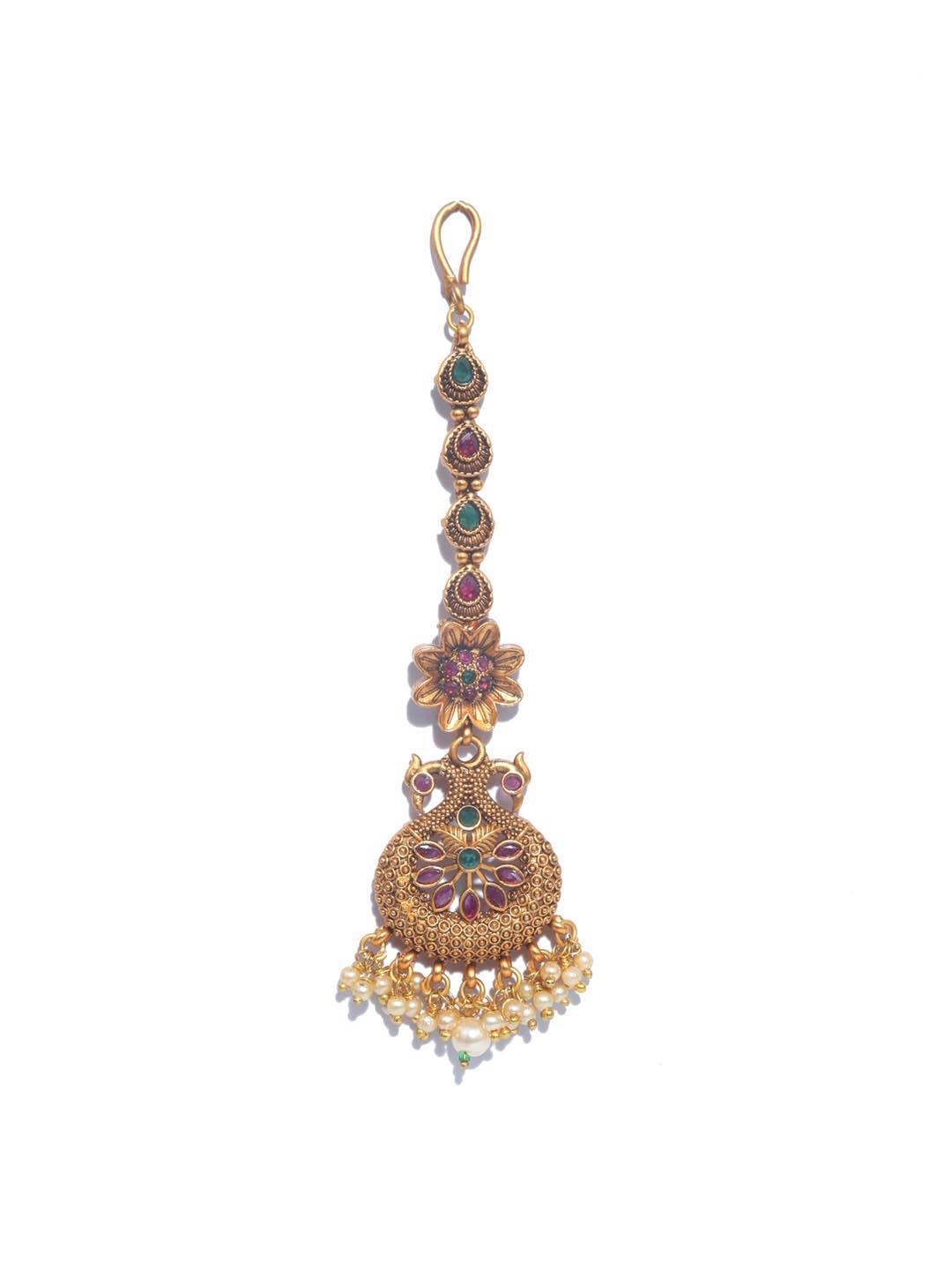 Women's Kemp Stones Pearls Peacock Gold Plated Maang Tikka - Priyaasi - Indiakreations