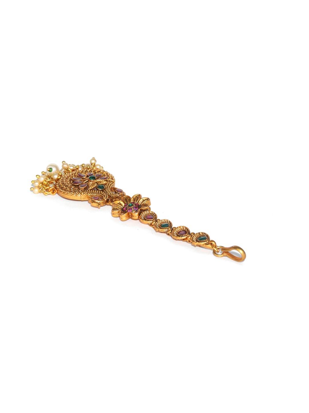 Women's Kemp Stones Pearls Peacock Gold Plated Maang Tikka - Priyaasi - Indiakreations