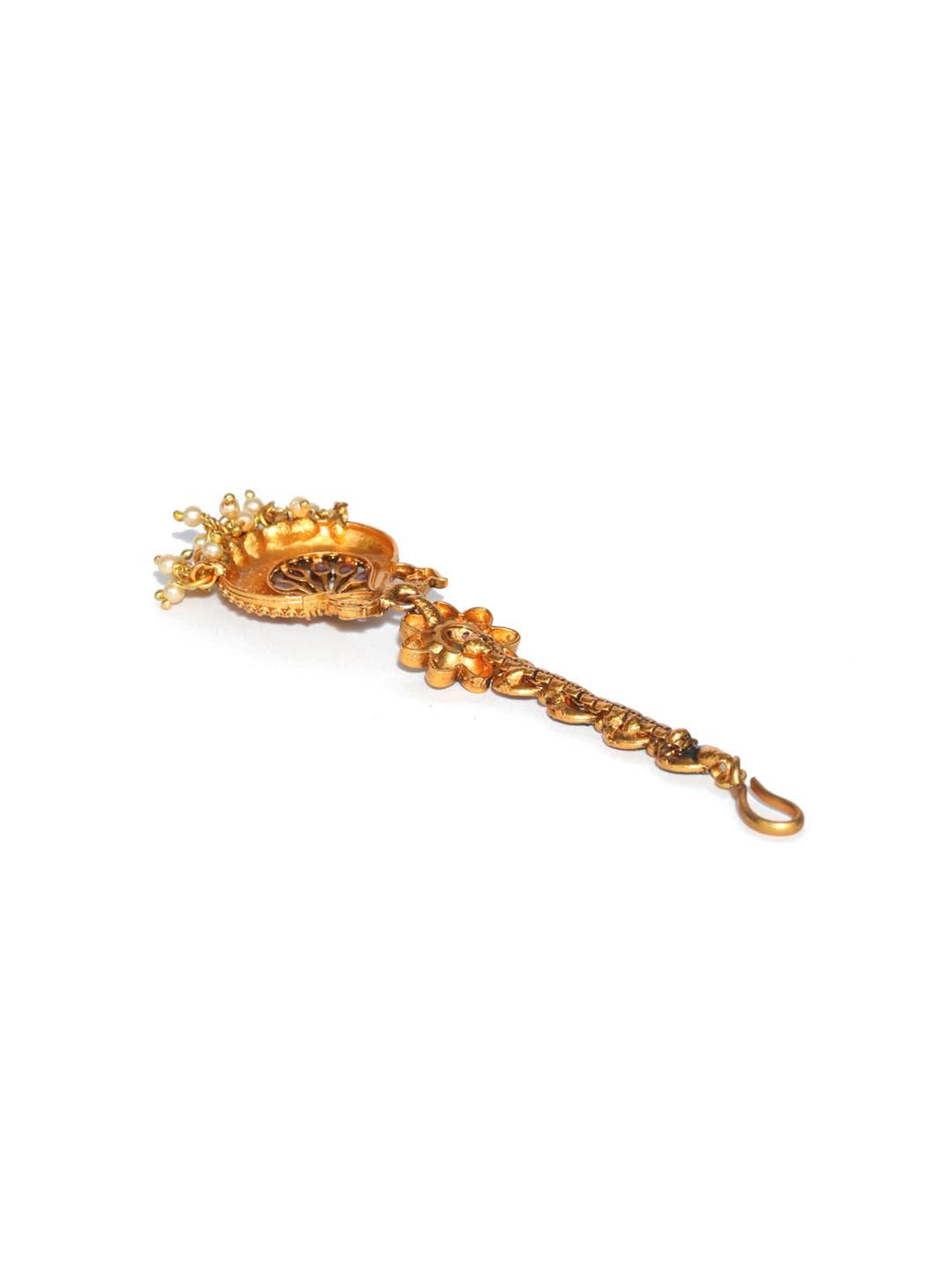 Women's Kemp Stones Pearls Peacock Gold Plated Maang Tikka - Priyaasi - Indiakreations