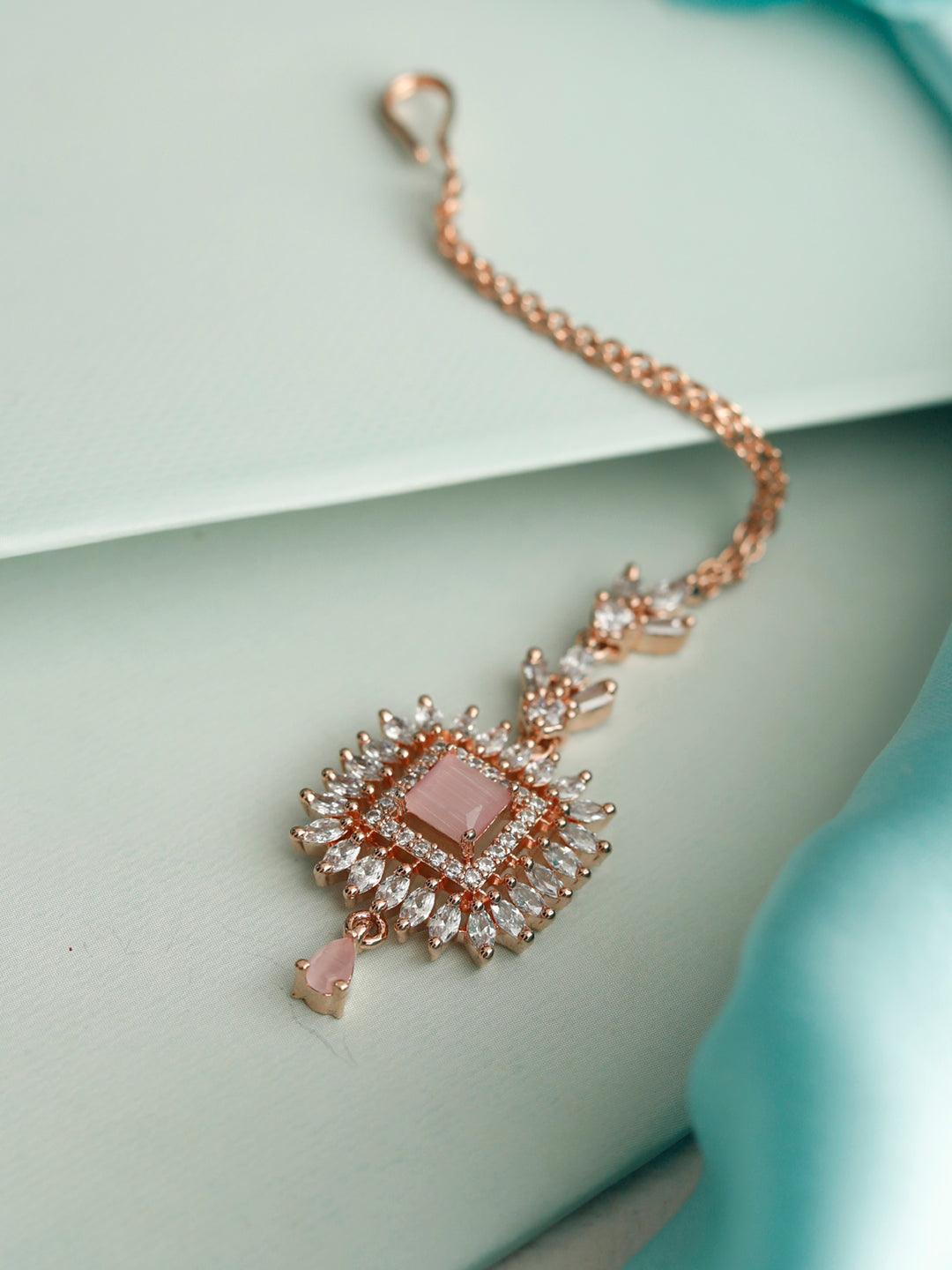 Women's Pink American Diamond Rose Gold Maang Tikka- Priyaasi - Indiakreations