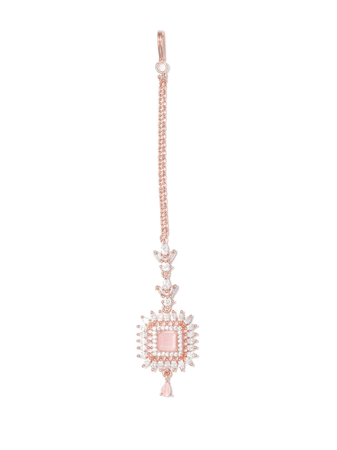 Women's Pink American Diamond Rose Gold Maang Tikka- Priyaasi - Indiakreations