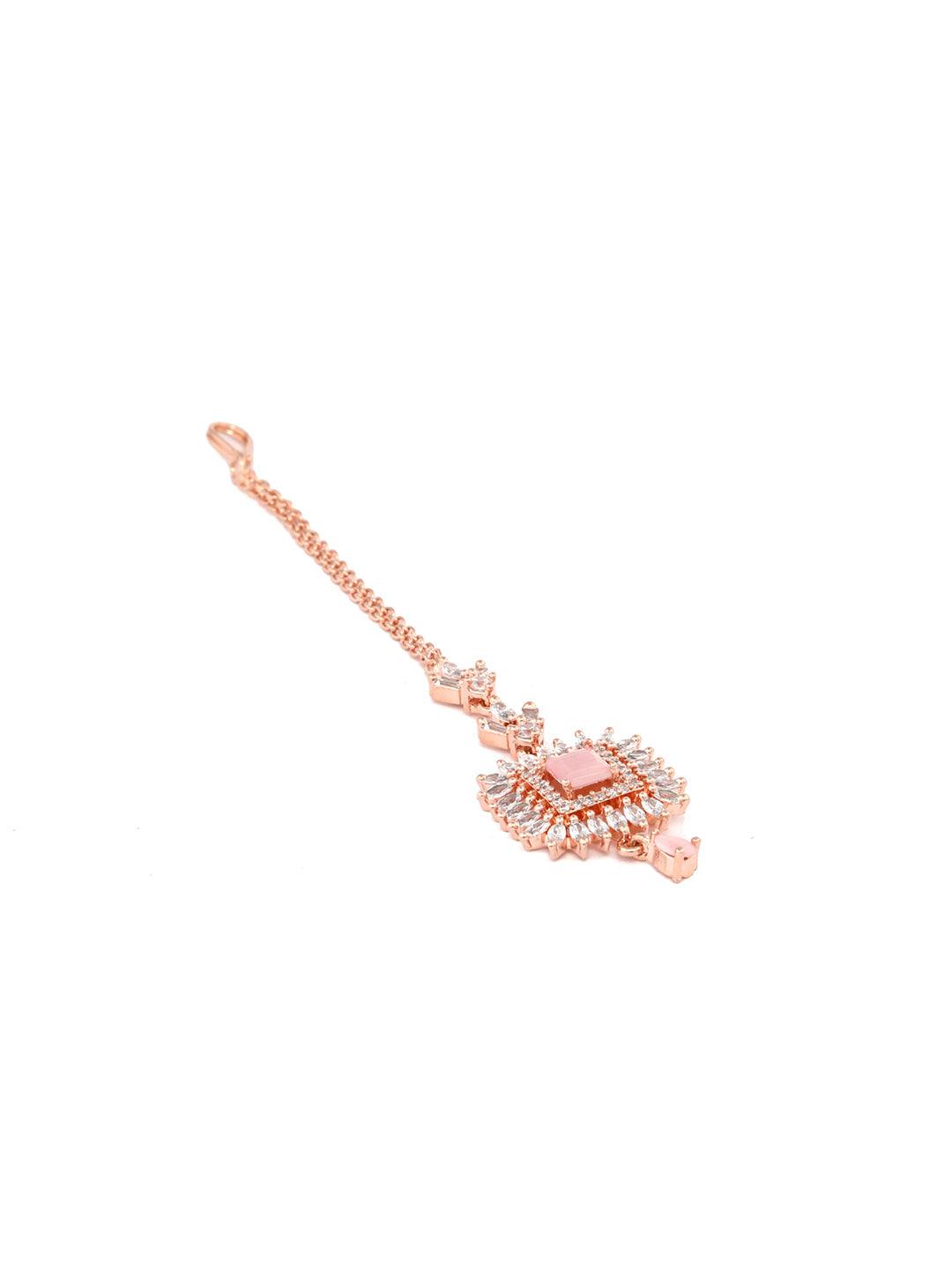 Women's Pink American Diamond Rose Gold Maang Tikka- Priyaasi - Indiakreations