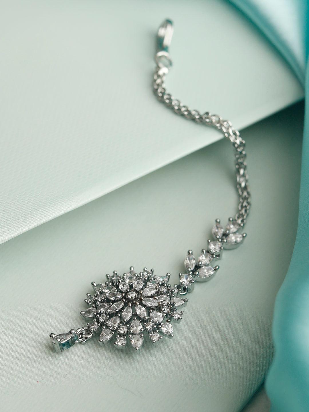 Women's Phenomenally Lit - American Diamond Silver Plated Floral Maang Tikka- Priyaasi - Indiakreations