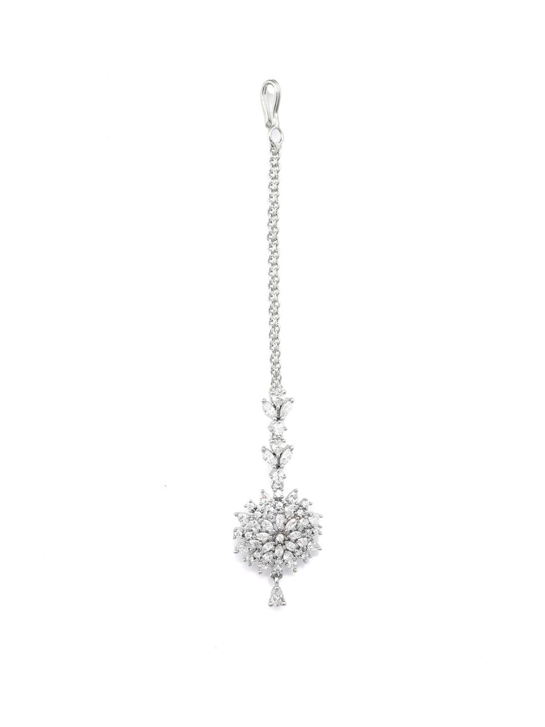 Women's Phenomenally Lit - American Diamond Silver Plated Floral Maang Tikka- Priyaasi - Indiakreations