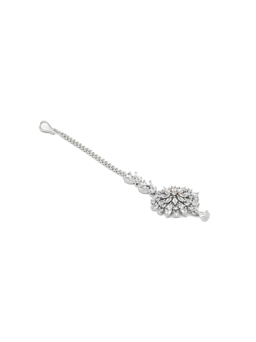 Women's Phenomenally Lit - American Diamond Silver Plated Floral Maang Tikka- Priyaasi - Indiakreations