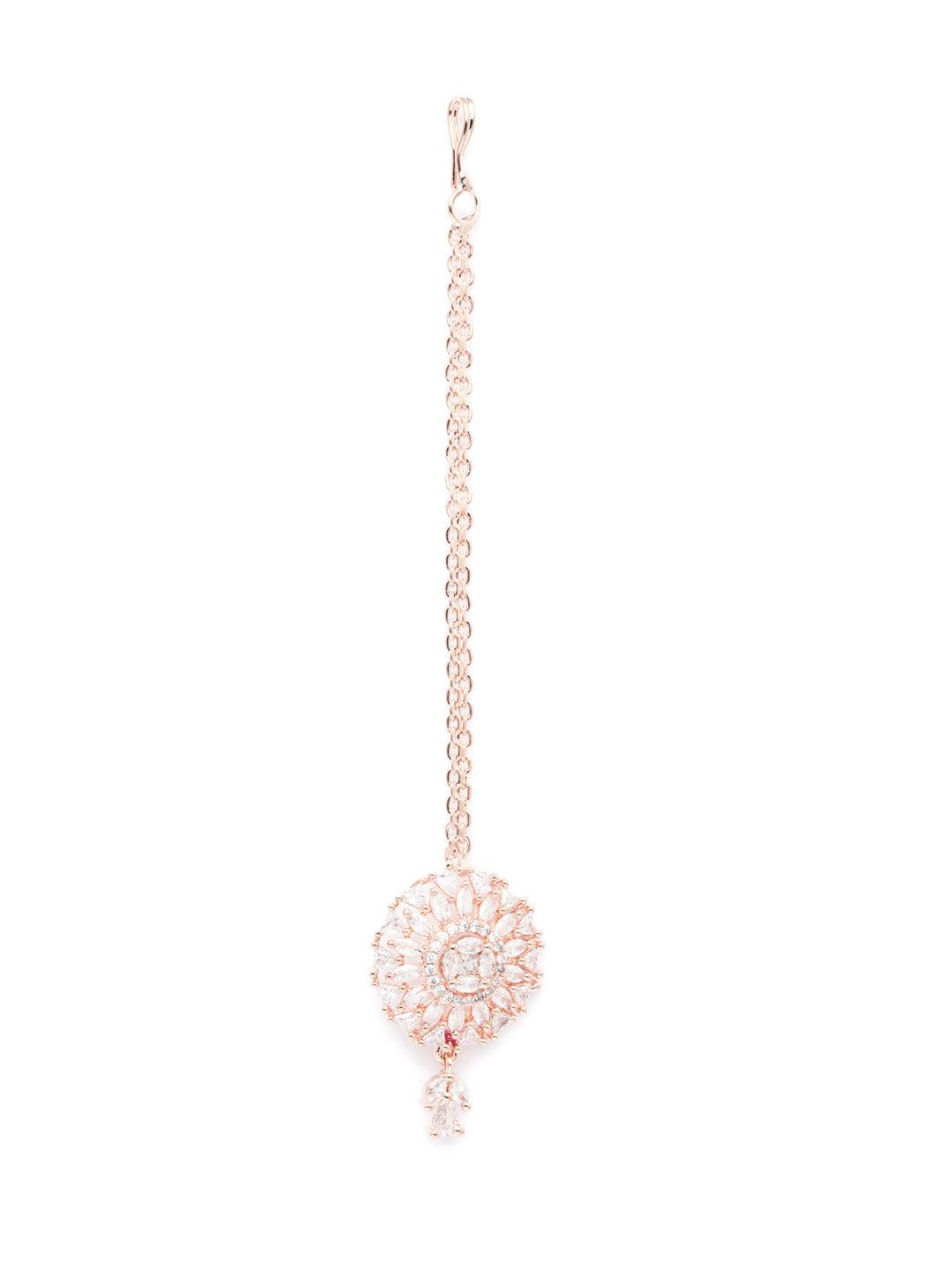 Women's Rose Gold American Diamond Floral Maang Tikka - Priyaasi - Indiakreations