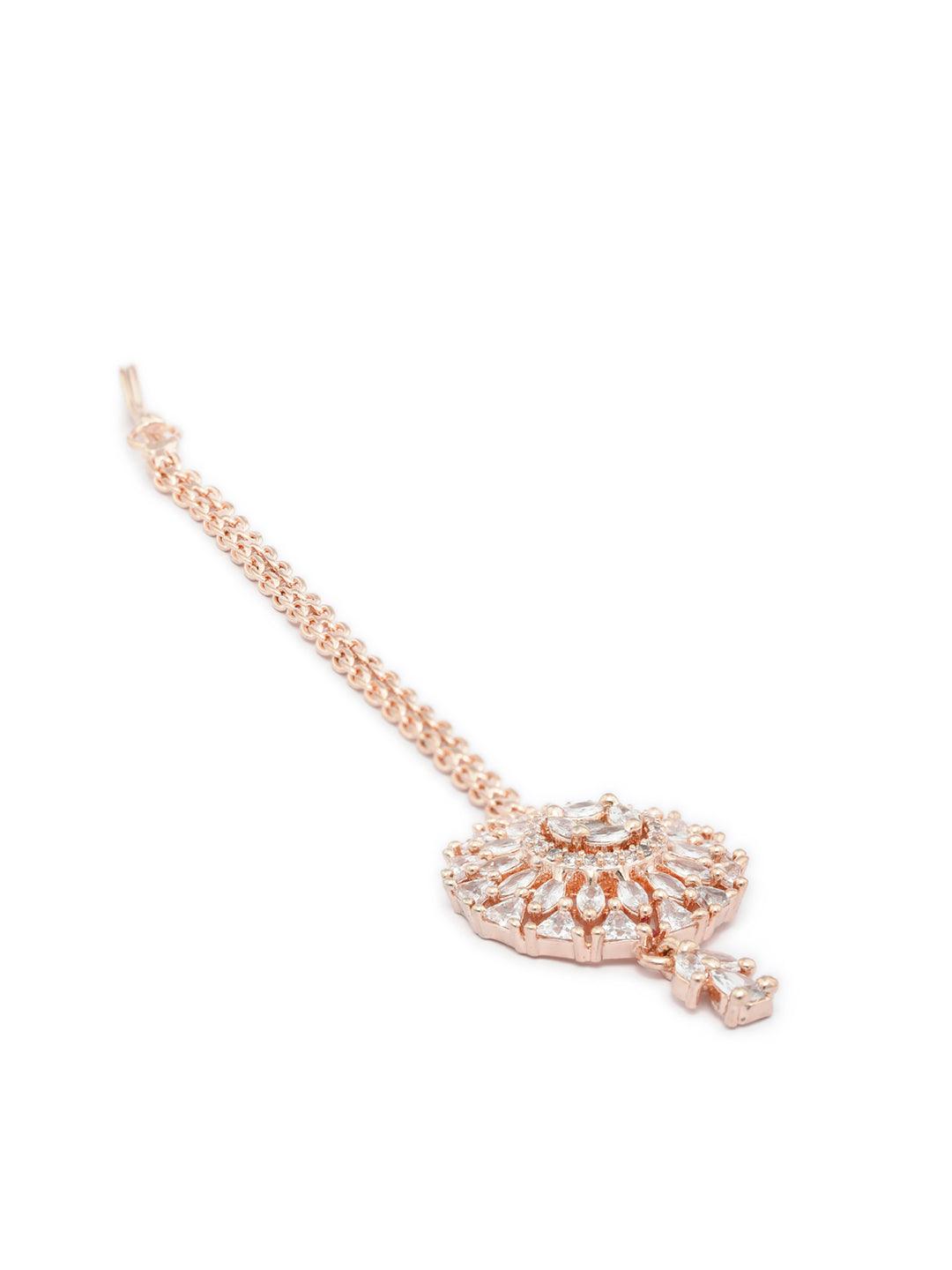 Women's Rose Gold American Diamond Floral Maang Tikka - Priyaasi - Indiakreations