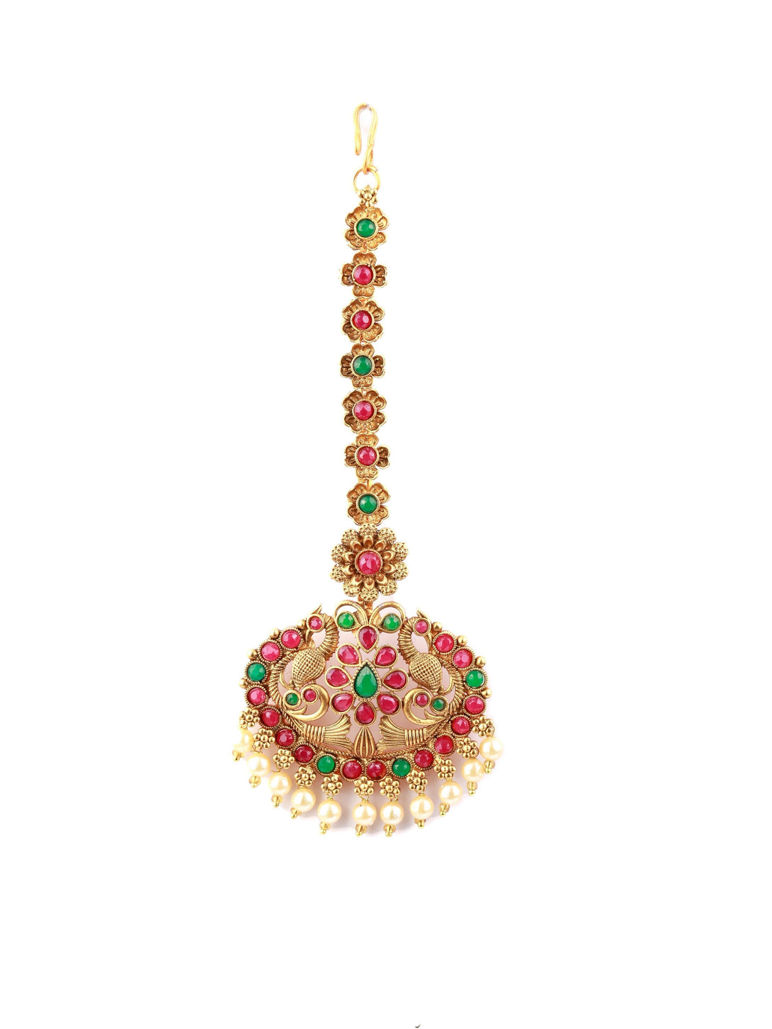 Women's Green & Ruby Kemp Stones Peacock Maang Tikka - Priyaasi - Indiakreations