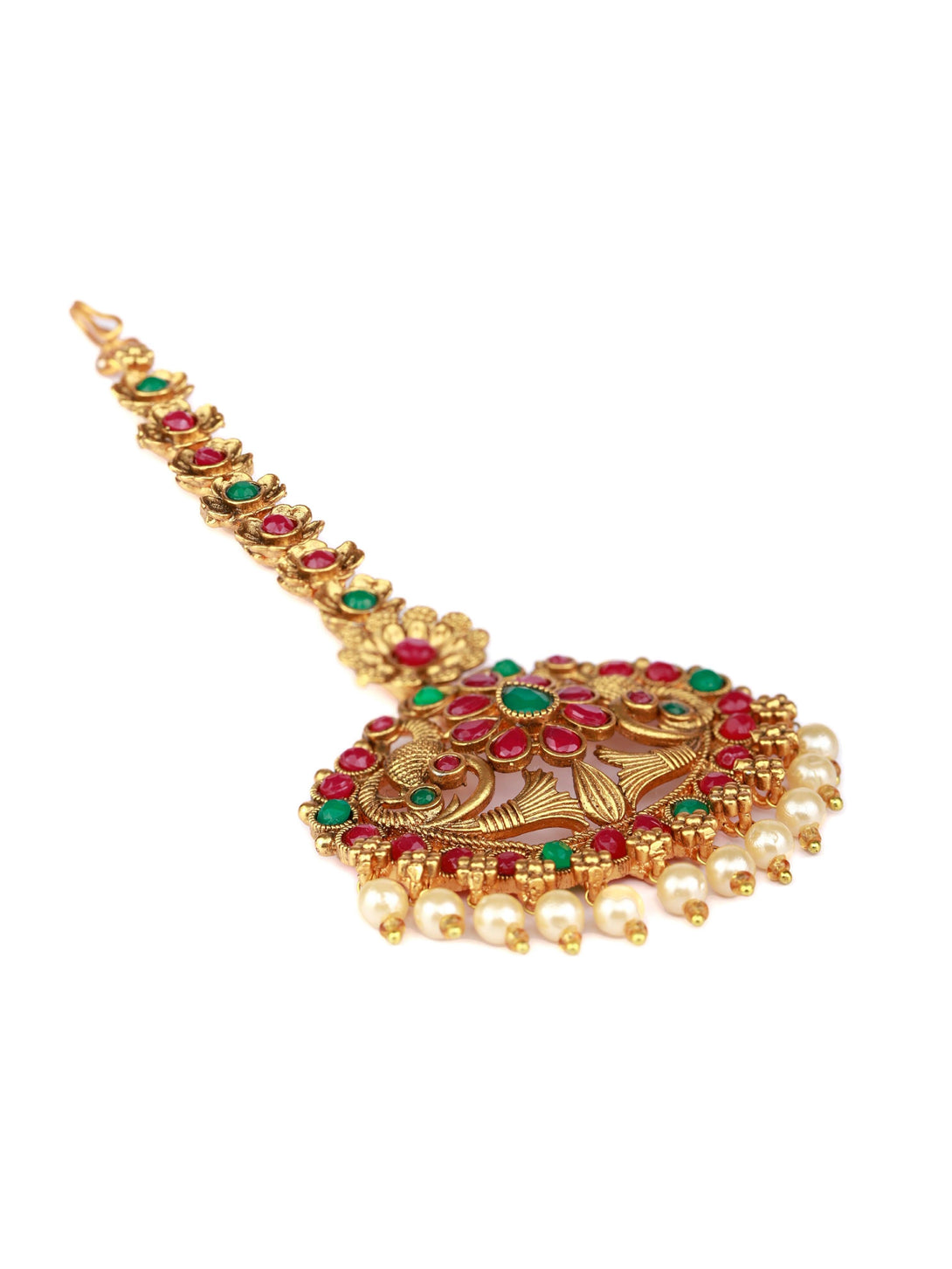 Women's Green & Ruby Kemp Stones Peacock Maang Tikka - Priyaasi - Indiakreations