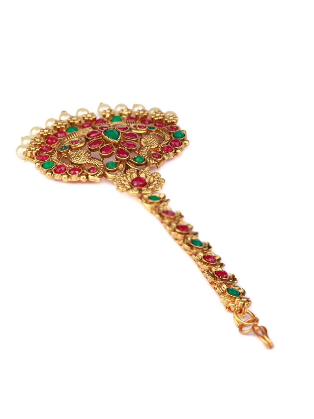 Women's Green & Ruby Kemp Stones Peacock Maang Tikka - Priyaasi - Indiakreations