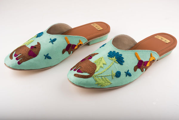 Women's Aqua Blue Mules With Embroidery - The Shoe Tales - Indiakreations