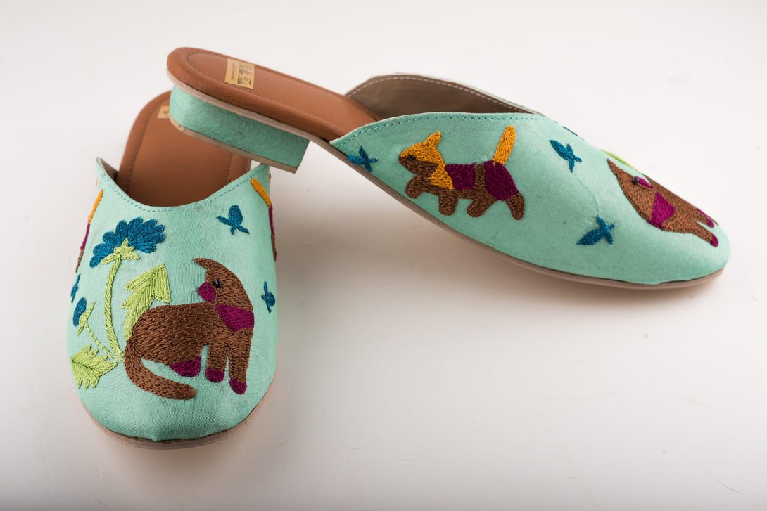 Women's Aqua Blue Mules With Embroidery - The Shoe Tales - Indiakreations