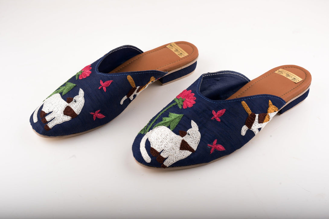 Women's Navy Blue Mules With Embroidery - The Shoe Tales - Indiakreations