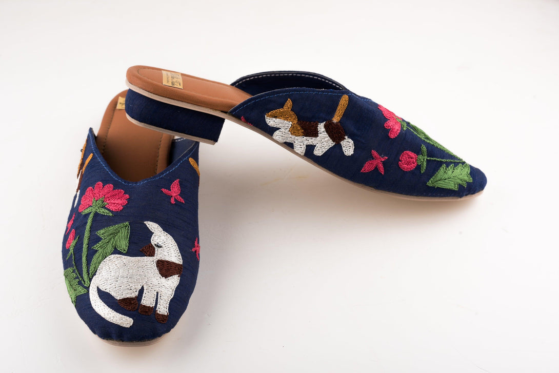 Women's Navy Blue Mules With Embroidery - The Shoe Tales - Indiakreations