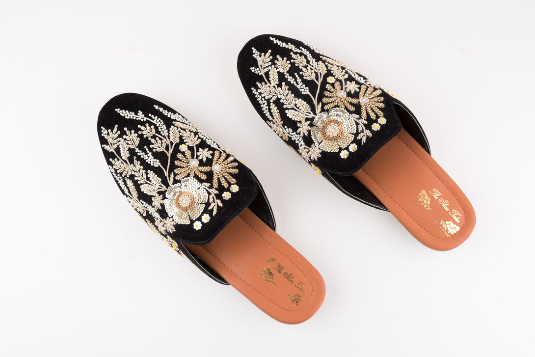 Women's Black Velvet Floral Jardosi Mules - The Shoe Tales - Indiakreations