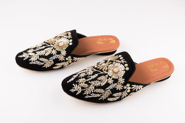 Women's Black Velvet Floral Jardosi Mules - The Shoe Tales - Indiakreations