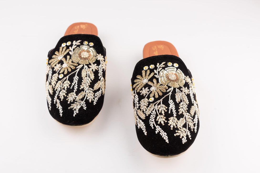 Women's Black Velvet Floral Jardosi Mules - The Shoe Tales - Indiakreations