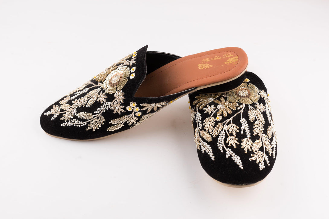 Women's Black Velvet Floral Jardosi Mules - The Shoe Tales - Indiakreations