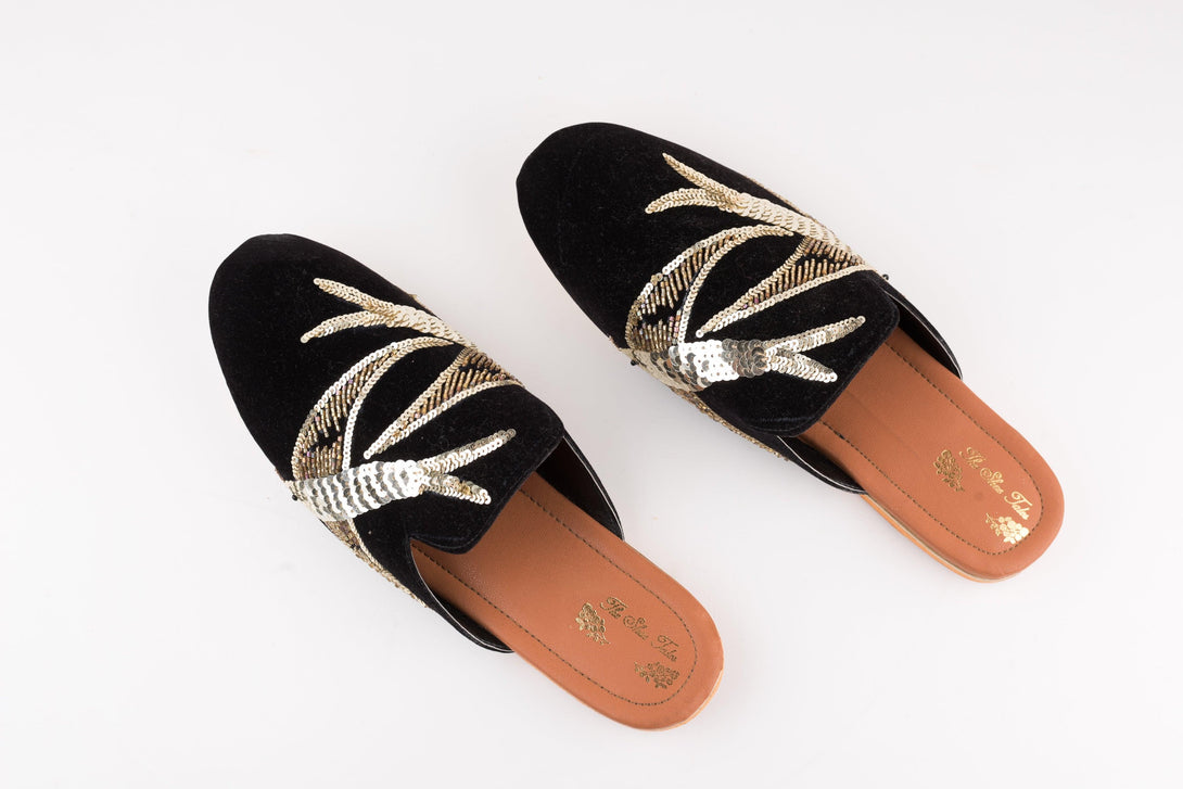 Women's Black Velvet Embroidered Bird Mules - The Shoe Tales - Indiakreations