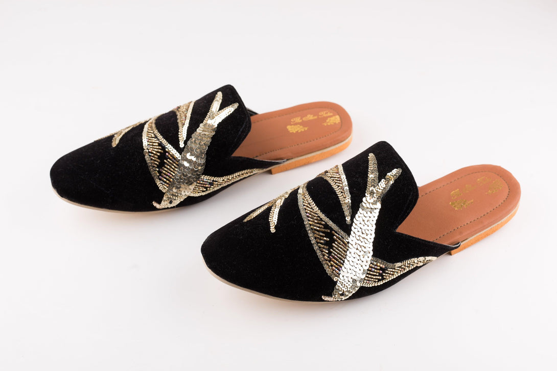 Women's Black Velvet Embroidered Bird Mules - The Shoe Tales - Indiakreations