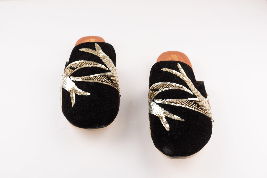 Women's Black Velvet Embroidered Bird Mules - The Shoe Tales - Indiakreations