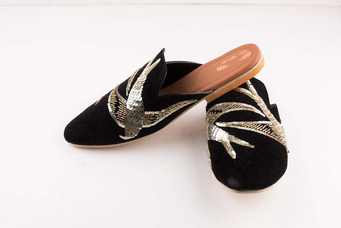 Women's Black Velvet Embroidered Bird Mules - The Shoe Tales - Indiakreations