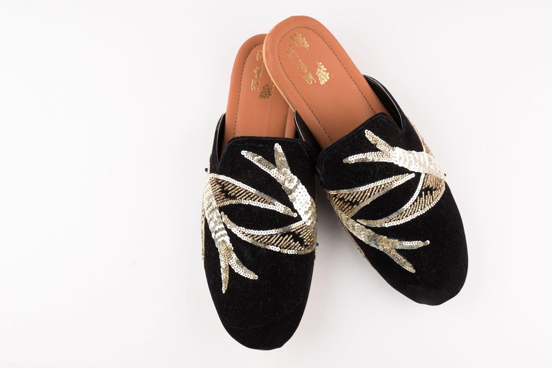 Women's Black Velvet Embroidered Bird Mules - The Shoe Tales - Indiakreations