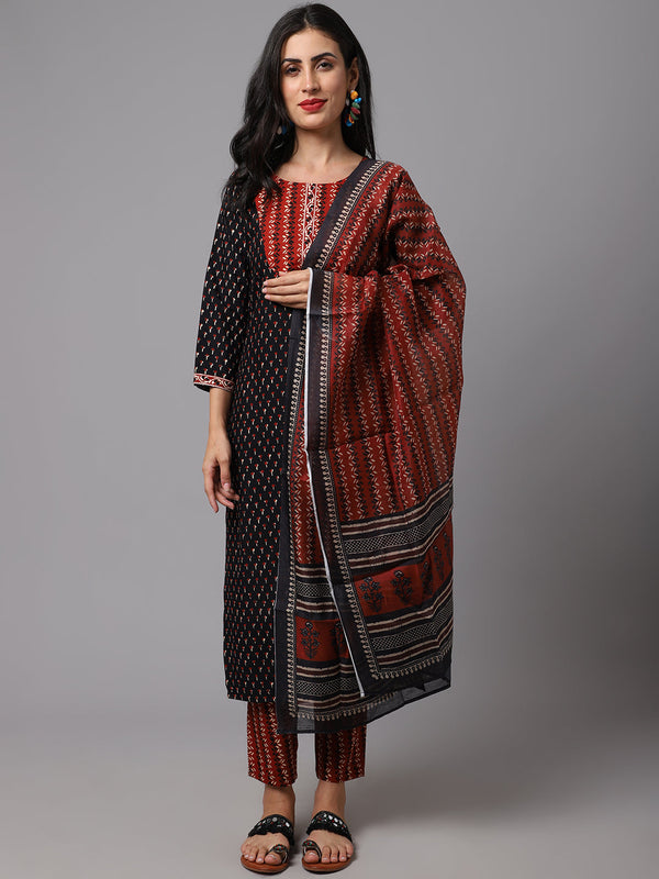 Women's Black  Color  Printed Kurta and Pant Set with Dupatta  - AILISH