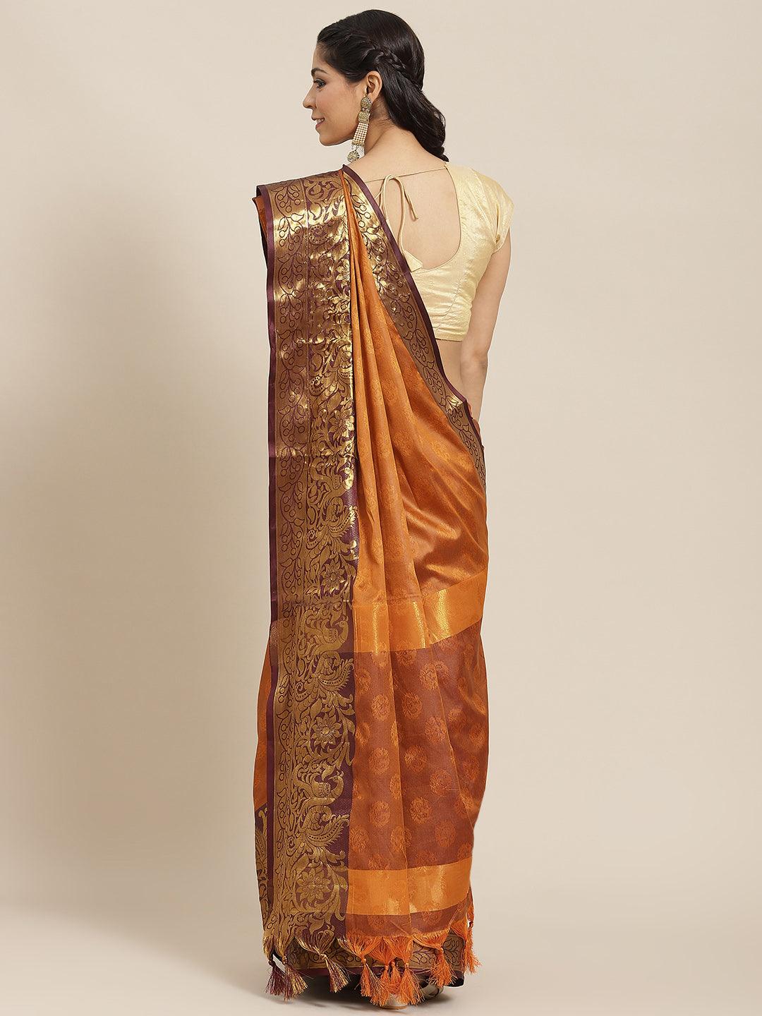 Women's Art Silk Orange & Maroon Woven Design Saree With Blouse Piece - Ishin - Indiakreations